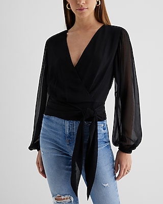 V-Neck Faux Wrap Tie Waist Top Black Women's M
