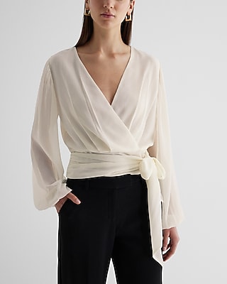 V-Neck Faux Wrap Tie Waist Top White Women's S