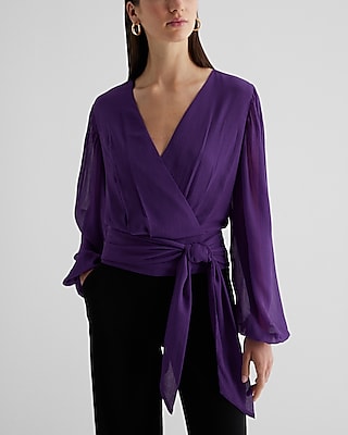 V-Neck Faux Wrap Tie Waist Top Purple Women's S