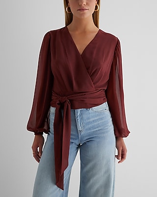V-Neck Faux Wrap Tie Waist Top Brown Women's M