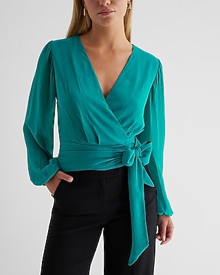 V-Neck Faux Wrap Tie Waist Top Blue Women's S