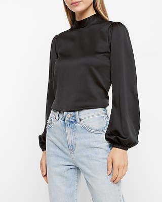 Textured Satin Mock Neck Long Sleeve Cutout Button Back Top