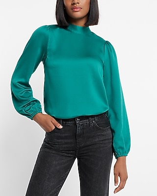 Textured Satin Mock Neck Long Sleeve Cutout Button Back Top Green Women's XS