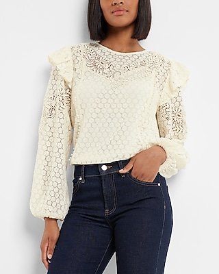 Lace Long Sleeve Ruffle Shoulder Top White Women's XS