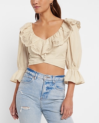 Embroidered Ruffle V-Neck Crop Top Neutral Women's XL