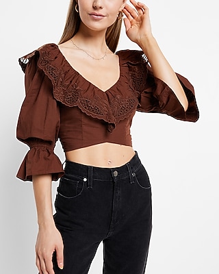 Embroidered Ruffle V-Neck Crop Top Brown Women's XXS