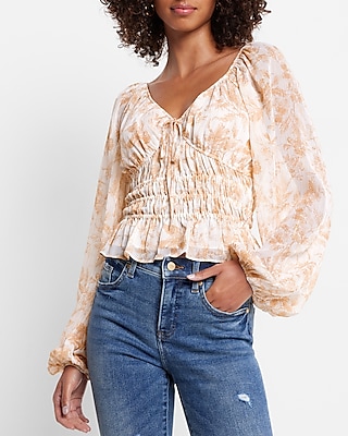 Metallic Stripe Floral V-Neck Smocked Top