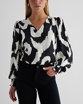 Satin Printed V-Neck Long Sleeve Smocked Cuff Top