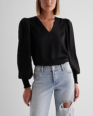 V-Neck Long Sleeve Smocked Cuff Top Black Women's S