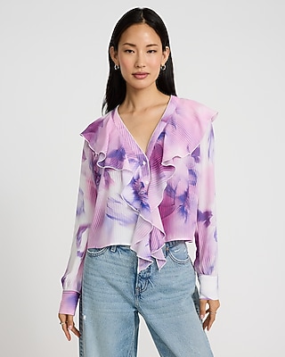 Women's purple clothing - Express Women's Printed Ruffle Front Long Sleeve Top in Purple Print