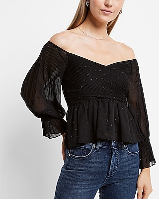 Metallic Pleated Off The Shoulder Peplum Top Black Women's XXS