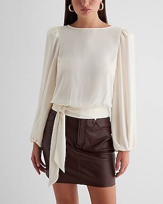 Crew Neck Balloon Sleeve Tie Waist Top White Women's S