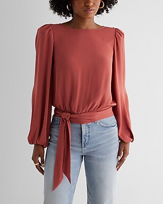 Crew Neck Balloon Sleeve Tie Waist Top Pink Women's S