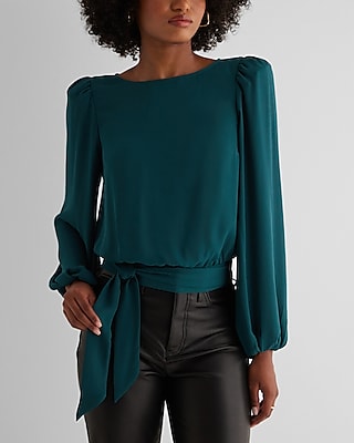 Crew Neck Balloon Sleeve Tie Waist Top Green Women's M