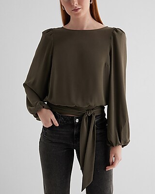 Crew Neck Balloon Sleeve Tie Waist Top Green Women's XL