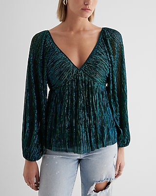 Metallic V-Neck Balloon Sleeve Ruched Peplum Top Green Women's S