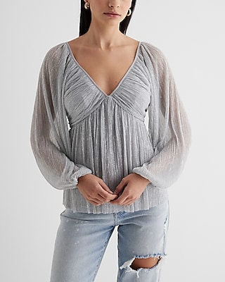 Metallic V-Neck Balloon Sleeve Ruched Peplum Top Silver Women's M