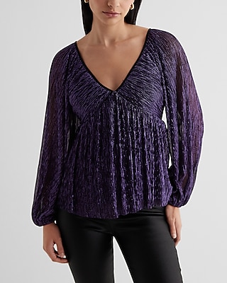 Metallic V-Neck Balloon Sleeve Ruched Peplum Top Brown Women's S