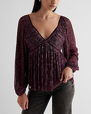 Metallic V-Neck Balloon Sleeve Ruched Peplum Top Purple Women's S