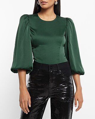 Satin Crew Neck Puff Sleeve Top Green Women's XS