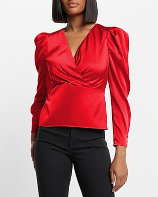 Satin Puff Sleeve Wrap Top Red Women's XS
