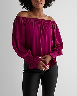 Satin Off The Shoulder Smocked Cuff Top Pink Women's XL