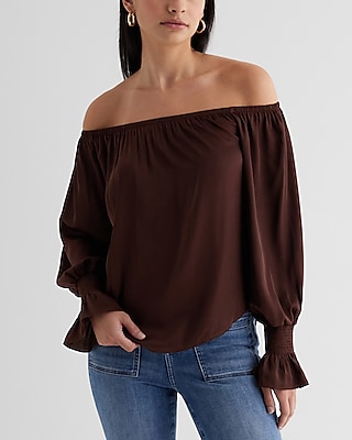 Satin Off The Shoulder Smocked Cuff Top