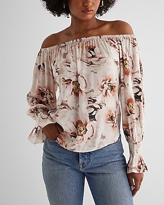 Satin Floral Off The Shoulder Smocked Cuff Top