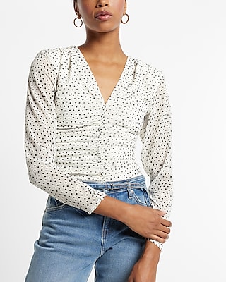 Polka Dot V-Neck Long Sleeve Ruched Front Top