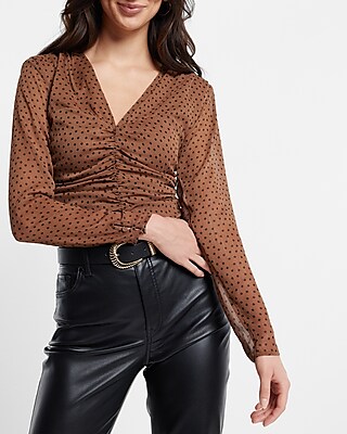 Polka Dot V-Neck Long Sleeve Ruched Front Top Multi-Color Women's XS