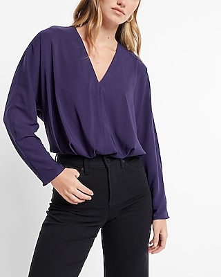 Satin V-Neck Relaxed Dolman Sleeve Top Purple Women's XL