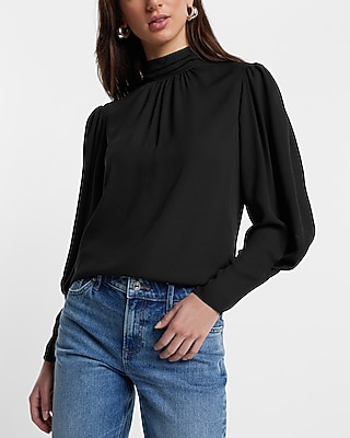 Gathered Mock Neck Long Sleeve Open Back Top