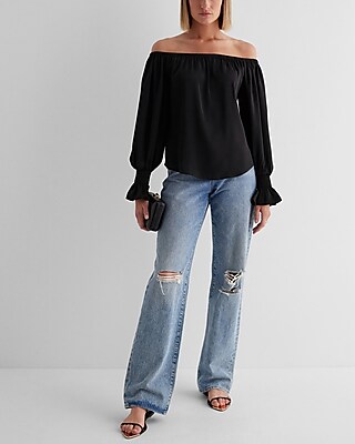 Satin Off The Shoulder Smocked Cuff Top Black Women's XS