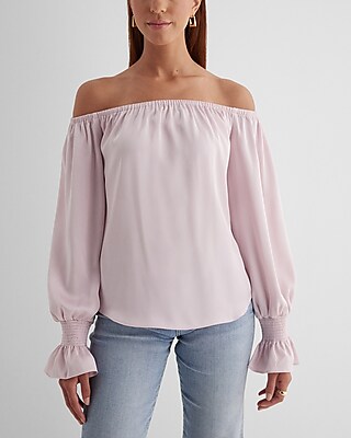 Satin Off The Shoulder Smocked Cuff Top Pink Women's XS