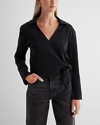 Collared V-Neck Wrap Front Tie Waist Top Black Women's M