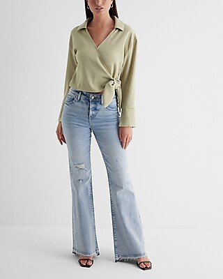 Collared V-Neck Wrap Front Tie Waist Top Green Women's XL
