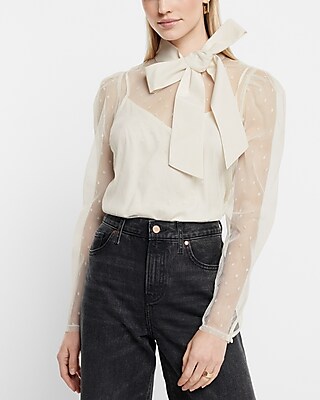 Tulle Polka Dot Tie Mock Neck Puff Sleeve Top