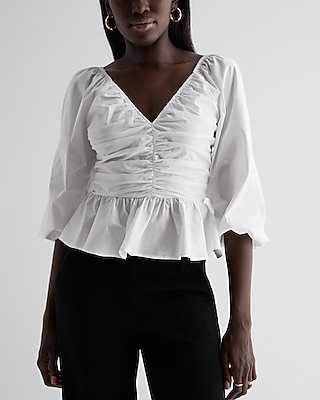 V-Neck Pleated Peplum Top White Women's L