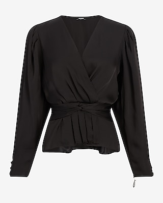 Satin V-Neck Twist Front Peplum Top Black Women's XL