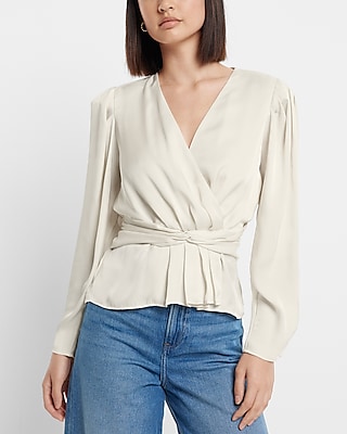 Satin V-Neck Twist Front Peplum Top White Women's M
