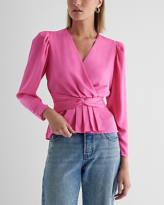 Satin V-Neck Twist Front Peplum Top Pink Women's XS