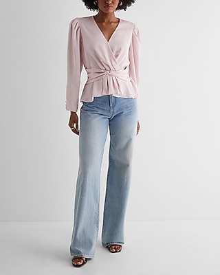 Satin V-Neck Twist Front Peplum Top Pink Women's XS