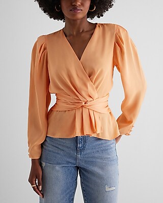 Satin V-Neck Twist Front Peplum Top Orange Women's S