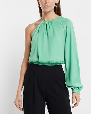 Gathered Neck One Shoulder Top Green Women's XS