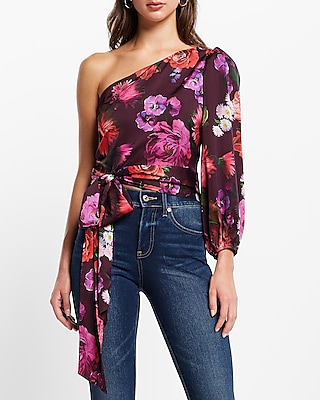 Satin Floral One Shoulder Tie Waist Top
