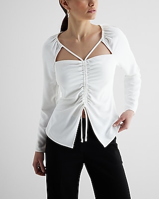 Strappy Ruched Front Split Hem Tie Top White Women's M