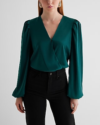 Satin Balloon Sleeve Faux Wrap Front Bodysuit Green Women's L