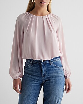 Gathered Neck Balloon Sleeve Top Pink Women's XS