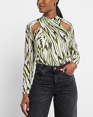 Printed Twist Neck Cutout Long Sleeve Open Back Top
