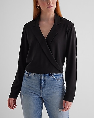 Collared V-Neck Long Sleeve Faux Wrap Front Top Black Women's XL